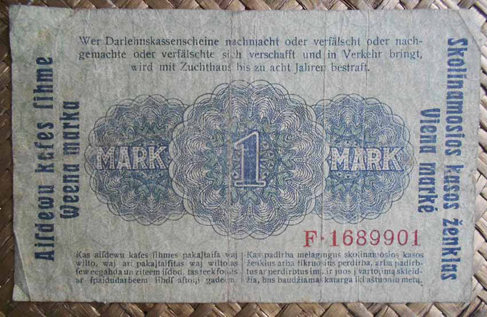 Alemania ocup. Kowno WWI 1 mark 1918 (124x78mm) pk.R128 reverso