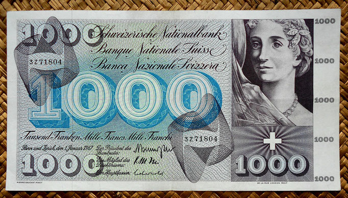 Suiza 1000 francos 1967 (228x124mm) anverso