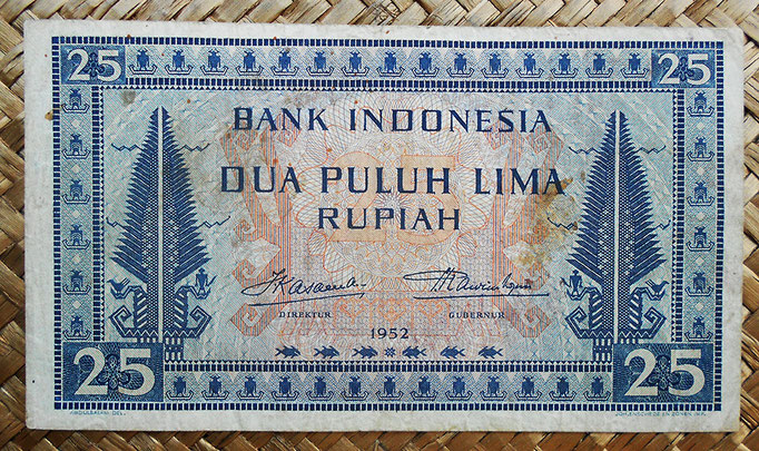 Indonesia 25 rupias 1952 (144x82mm) pk.44a anverso