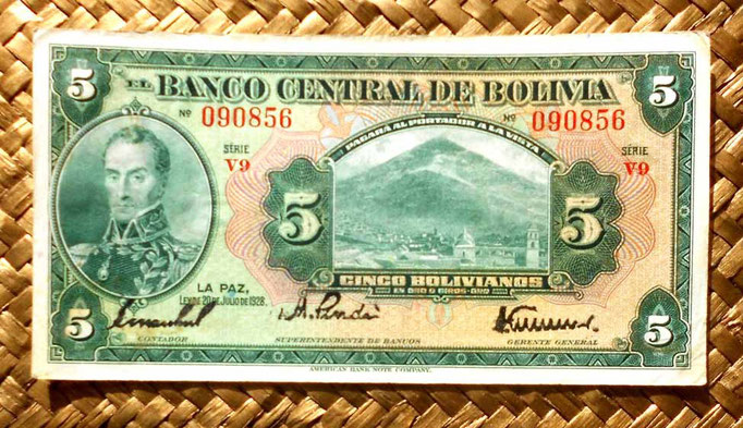 Bolivia 5 bolivianos 1928 (144x74mm) anverso