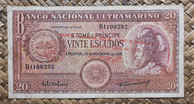 Santo Tomé y Príncipe 20 escudos 1958 sobreimpreso 1976 (150x78mm) pk.44a anverso