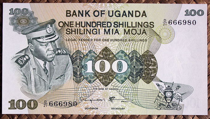 Uganda 100 shillings 1973 (145x80mm) pk.9c anverso