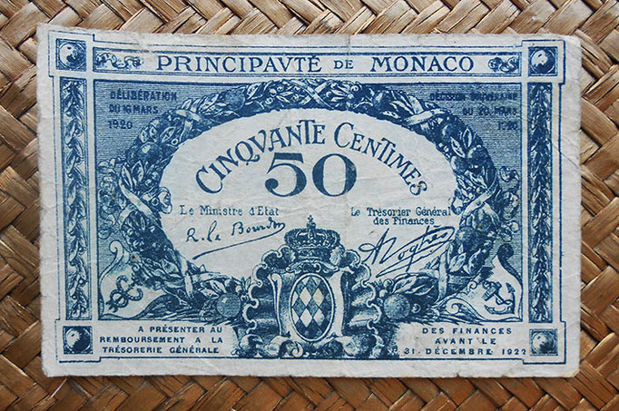 Mónaco, 50 céntimos 1920 (100x64mm) pk.3 anverso