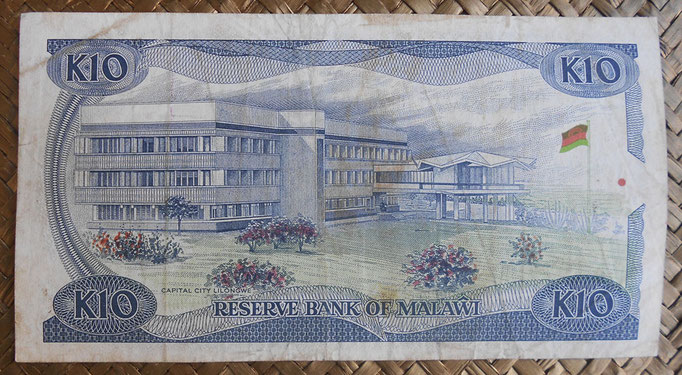 Malawi 10 kwachas 1986 (162x86mm) pk.21a reverso