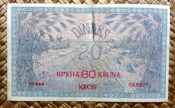 Reino de Serbia, Croacia y Eslovenia 20 dinares 80 coronas 1919 reverso