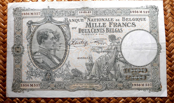 Bélgica 1000 francos-200 belgas 1943 anverso