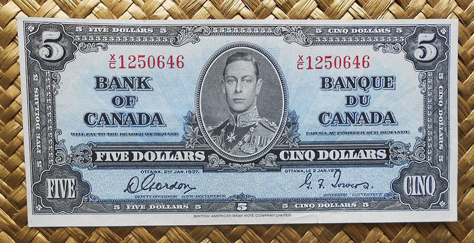 Canada 5 dollars 1937 (154x73mm) pk.60b anverso