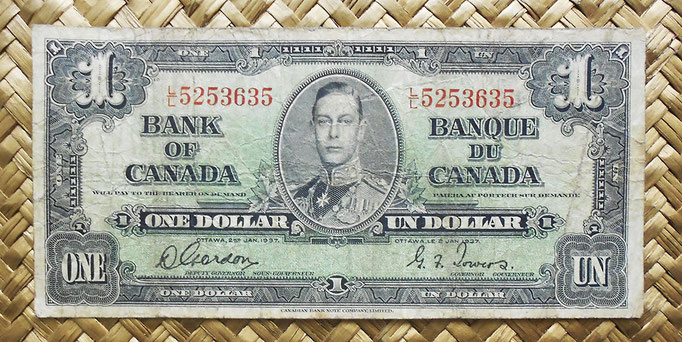 Canada 1 dollar 1937 (154x73mm) pk.58b anverso
