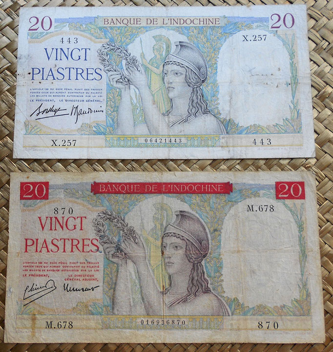 Camboya, Vietnam y Laos 20 piastras 1936 vs. 20 piastras 1949 anverso