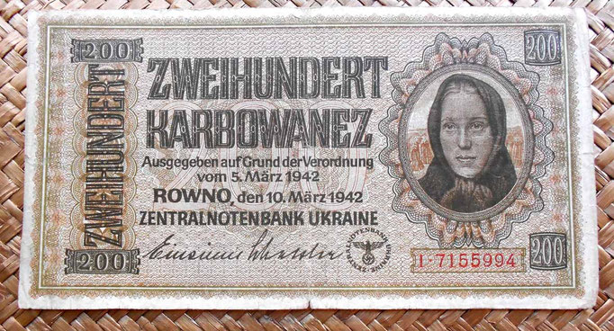 Ucrania ocupación alemana WWII 200 karbovanets 1942 anverso