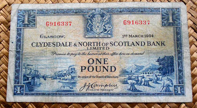 Escocia Clydesdale and North of Scotland Bank 1 libra 1954 anverso