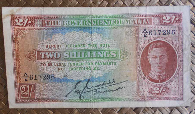 Malta 2 shillings 1942 (133x72mm) pk.17 uniface