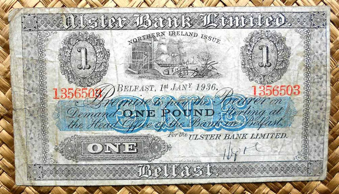 Irlanda del Norte 1 libra 1936 Ulster Bank Limited -Belfast (152x84mm) anverso