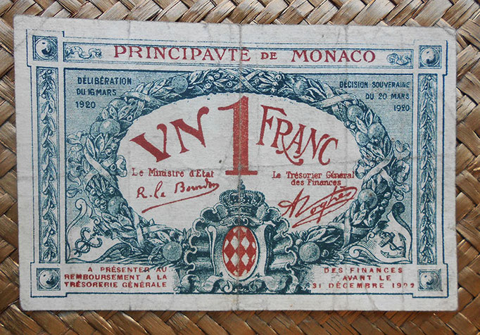 Mónaco, 1 franco 1920 (108x72mm) pk.5 anverso