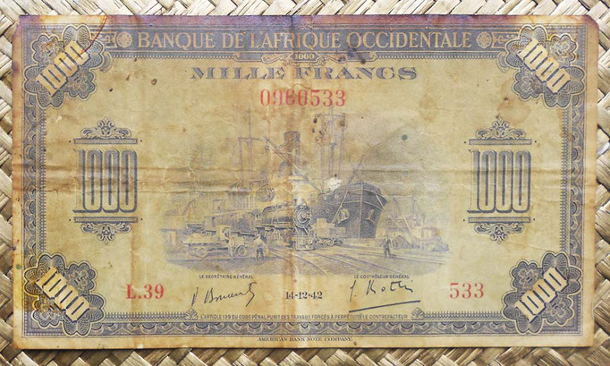 Africa Occidental Francesa 1.000 francos 1942 (155x88mm) pk.32a anverso