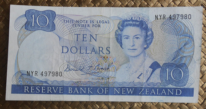 Nueva Zelanda 10  dollars 1989-92 (155x78mm) pk.172c anverso