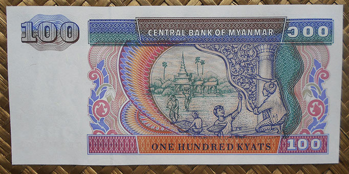 Myanmar 100 kyats 1994 (146x70mm) pk.74b reverso