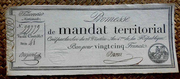Francia Promesa de Mandato Territorial 25 francos 1796 (WPM pk. A83b) 260x110mm anverso
