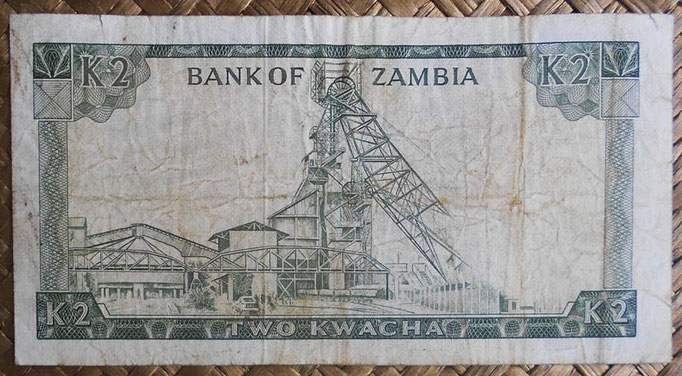 Zambia 2 kwachas 1969 (135x70mm) pk.11c reverso