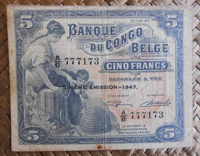 Congo Belga 5 francos 1947 (102x80mm) pk.13Ad anverso