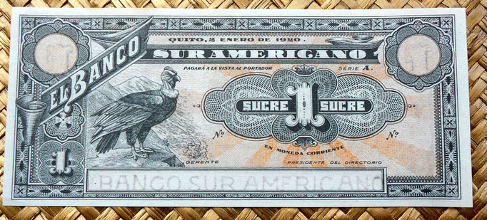 Ecuador 1 sucre 1920 Banco Sur Americano (148x64mm) pk.S251r anverso