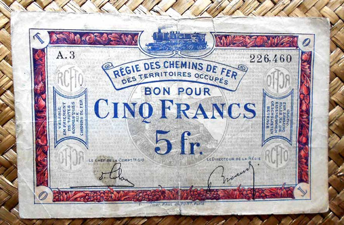 Francia 5 francos 1923 -Régie des Chemins de Fer des Territoires Occupés- anverso