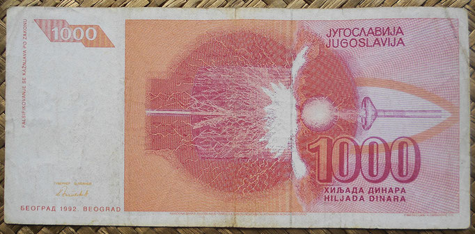 Yugoslavia 1000 dinares 1992 pk.114 reverso