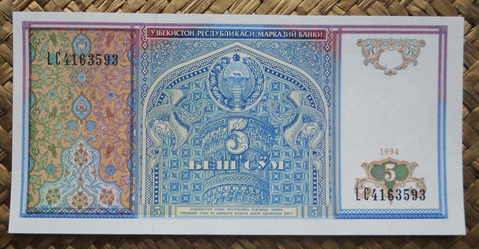 Uzbekistan 5 sum 1994 (144x68mm) pk.75a anverso