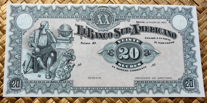 Ecuador 20 sucres 1920 Banco Sur Americano (164x80mm) pk.S252r anverso