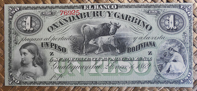 Argentina 1 peso boliviana 1869 Oxandaburu y Garbino (150x65mm) pkS1782r uniface