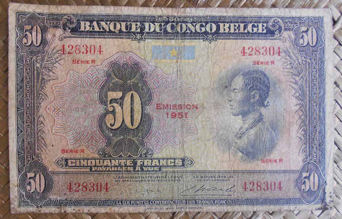 Congo Belga 50 francos 1951 (148x94mm) pk.16i anverso