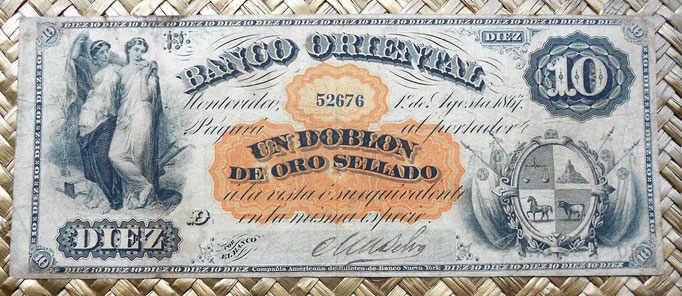 Uruguay 10 pesos 1 doblón 1867 Banco Oriental anverso