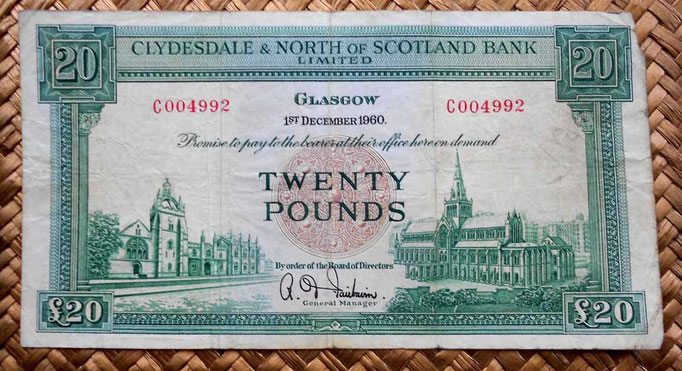 Escocia Clydesdale and North of Scotland Bank 20 libras 1960 anverso