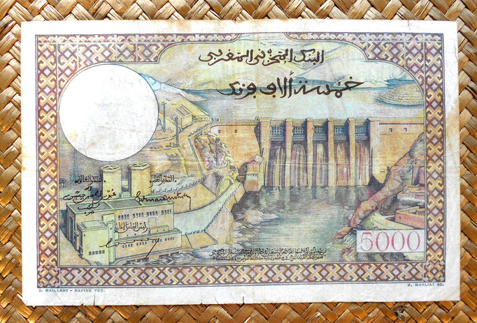Marruecos colonial 5000 francos 1953 sobreimpresion 50 dirhans reverso