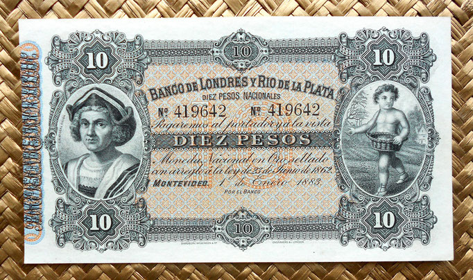 Uruguay 10 pesos 1883 Banco Londres y Rio de la Plata anverso