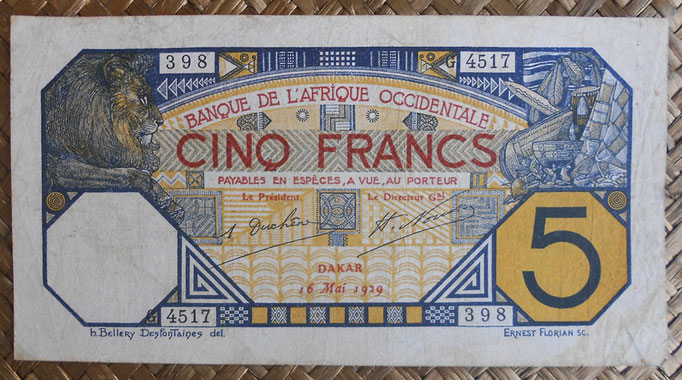 French West Africa -Dakar 5 francos 1929 anverso