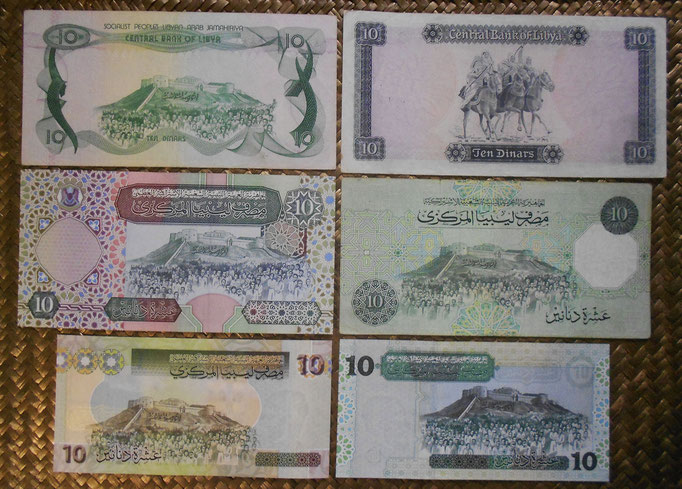 Libia 10 dinares Omar Al Mukhtar ediciones 1971-2009 reversos