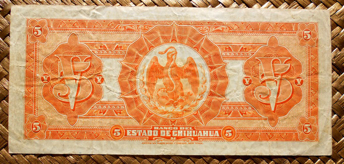 Mejico Estado de Chihuahua 5 pesos 1913 reverso