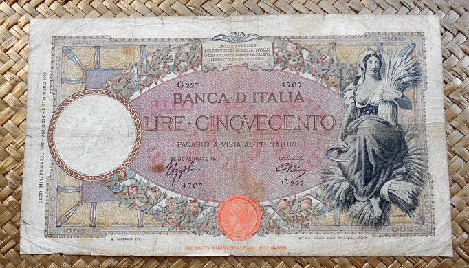 Italia 500 liras 1941 anverso