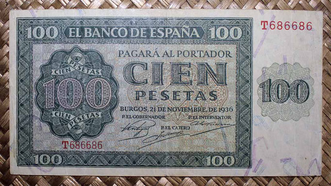 España 100 pesetas 1936 (160x85mm) pk.101 capicúa anverso