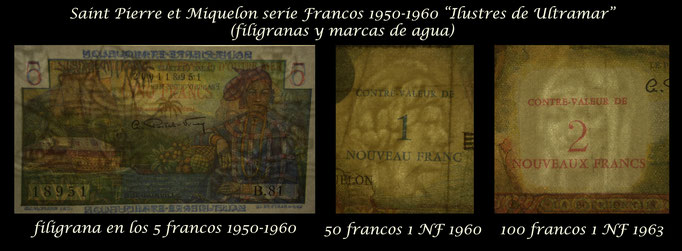 San Pedro y Miguelón serie francos 1950-1960 -Ilustres en Ultramar- filigranas
