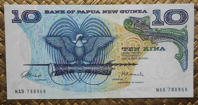 Papua Nueva Guinea 10 kinas 1985 (150x75mm) pk.7 anverso