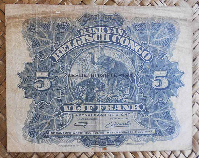 Congo Belga 5 francos 1947 (102x80mm) pk.13Ad reverso