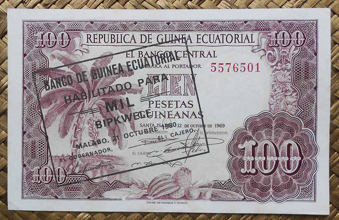 Guinea Ecuatorial 100 pesetas 1969 resello 1000 bipkwele 1980 (138x88mm) pk.18 anverso