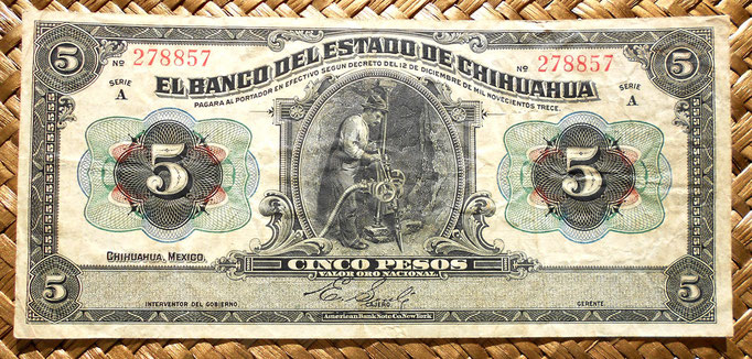 Mejico Estado de Chihuahua 5 pesos 1913 anverso