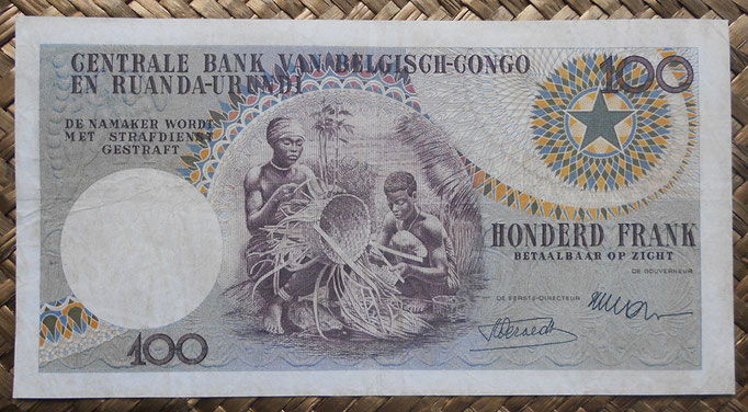 Congo Belga 100 francos 1956 (158x84mm) pk.33a reverso
