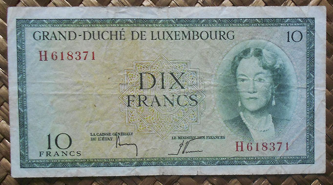 Luxemburgo 10 francos 1954 (130x70mm) pk.48a anverso