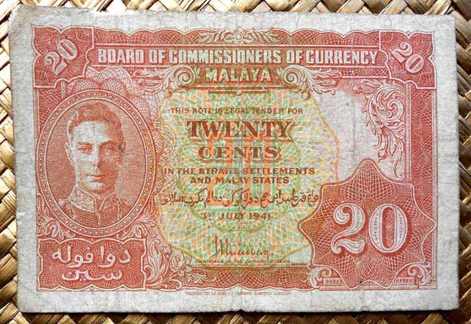 Malaya británica 20 centavos 1941 anverso