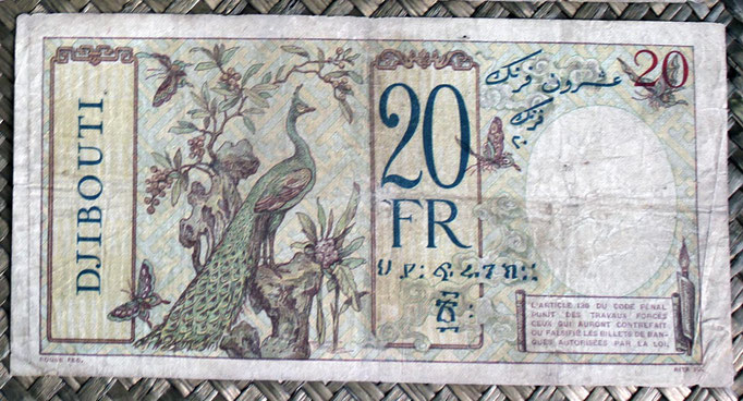 Djibouti 20 francos 1928-38 (182x92mm) pk.7A reverso