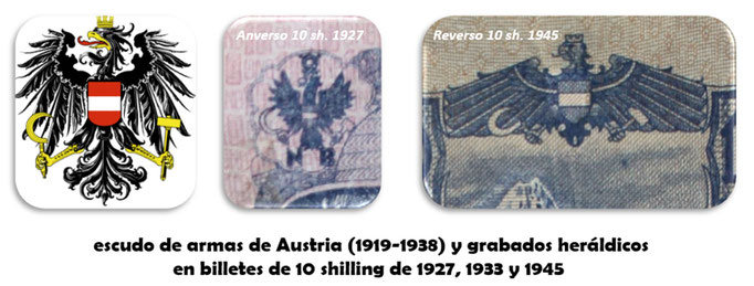 Austria 10 shillings 1927 vs. 1945 grabados heráldicos